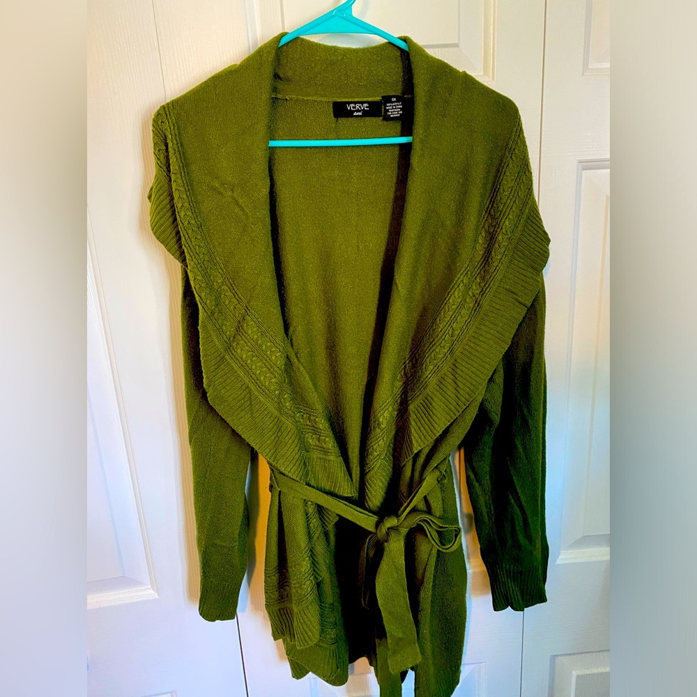 Beautiful green shawl neck wrap sweater from Verve. 3x